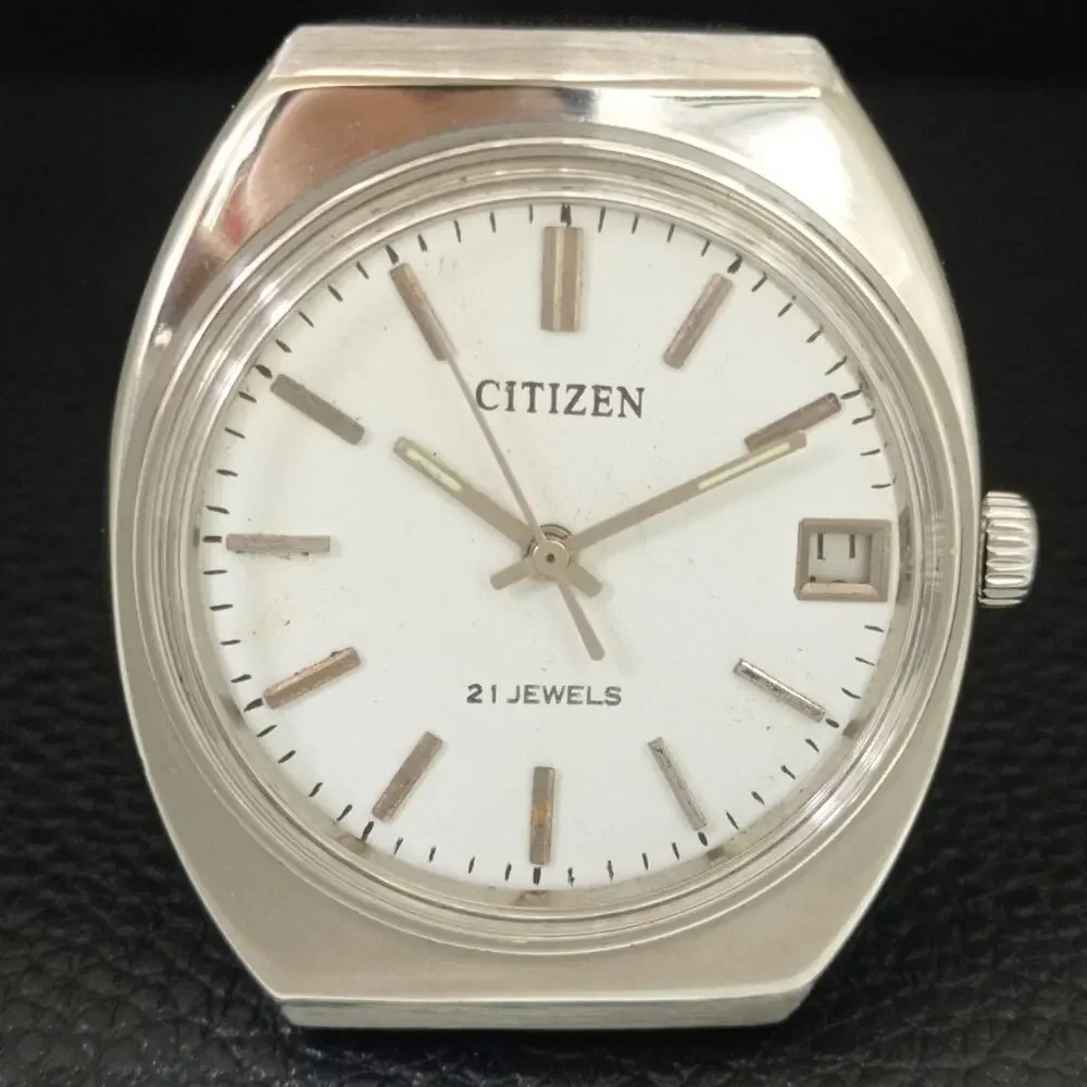 Vintage 1985 Citizen Manual Wound Mens Silver Watch W/Date & Silver Accents